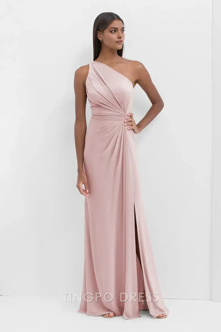 TingPo Wholesale Simple Blush Pink One-Shoulder Ruched Dress - Asymmetric Slit Formal Evening Gown